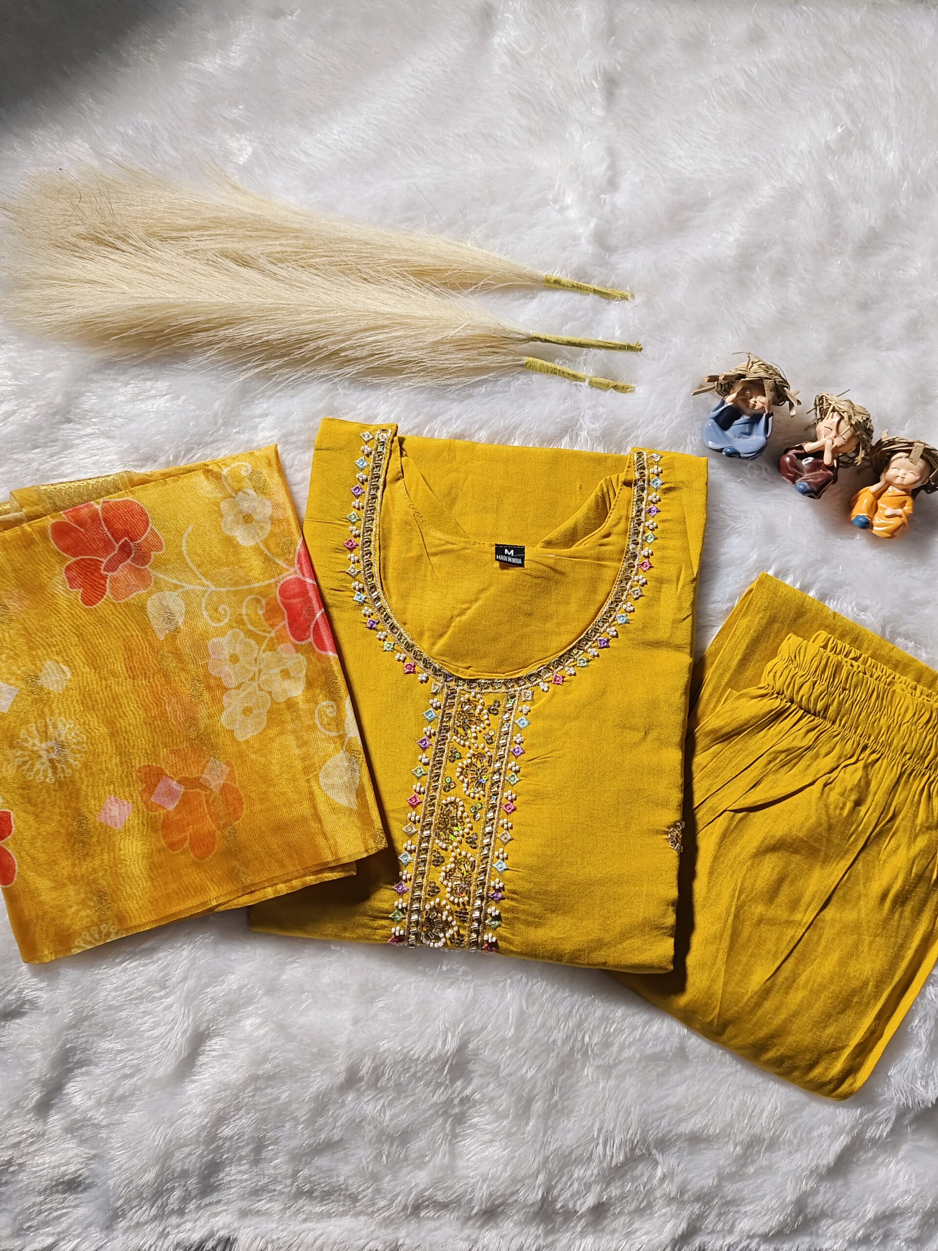 Yellow Dress with Beats work Embroidery - 3Pc Set