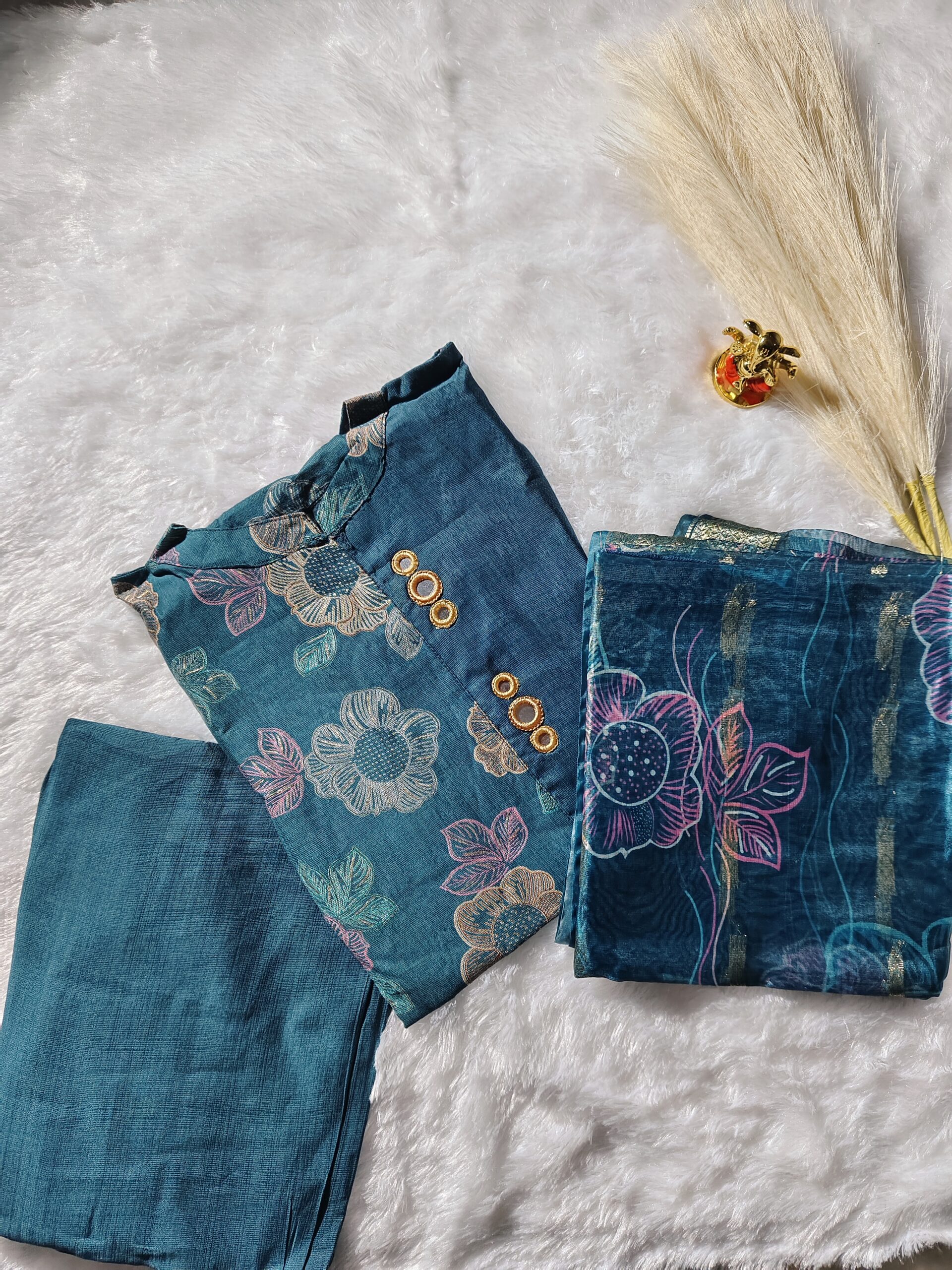 Teal Blue Floral Printed Kurtha Set