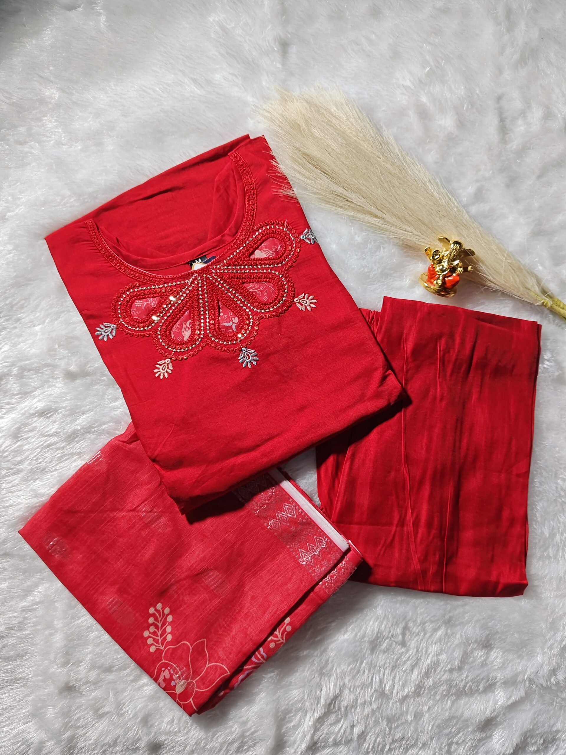 Red Colour Cotton Kurtha Set