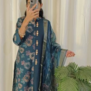 Teal Blue Floral Printed Kurtha Set