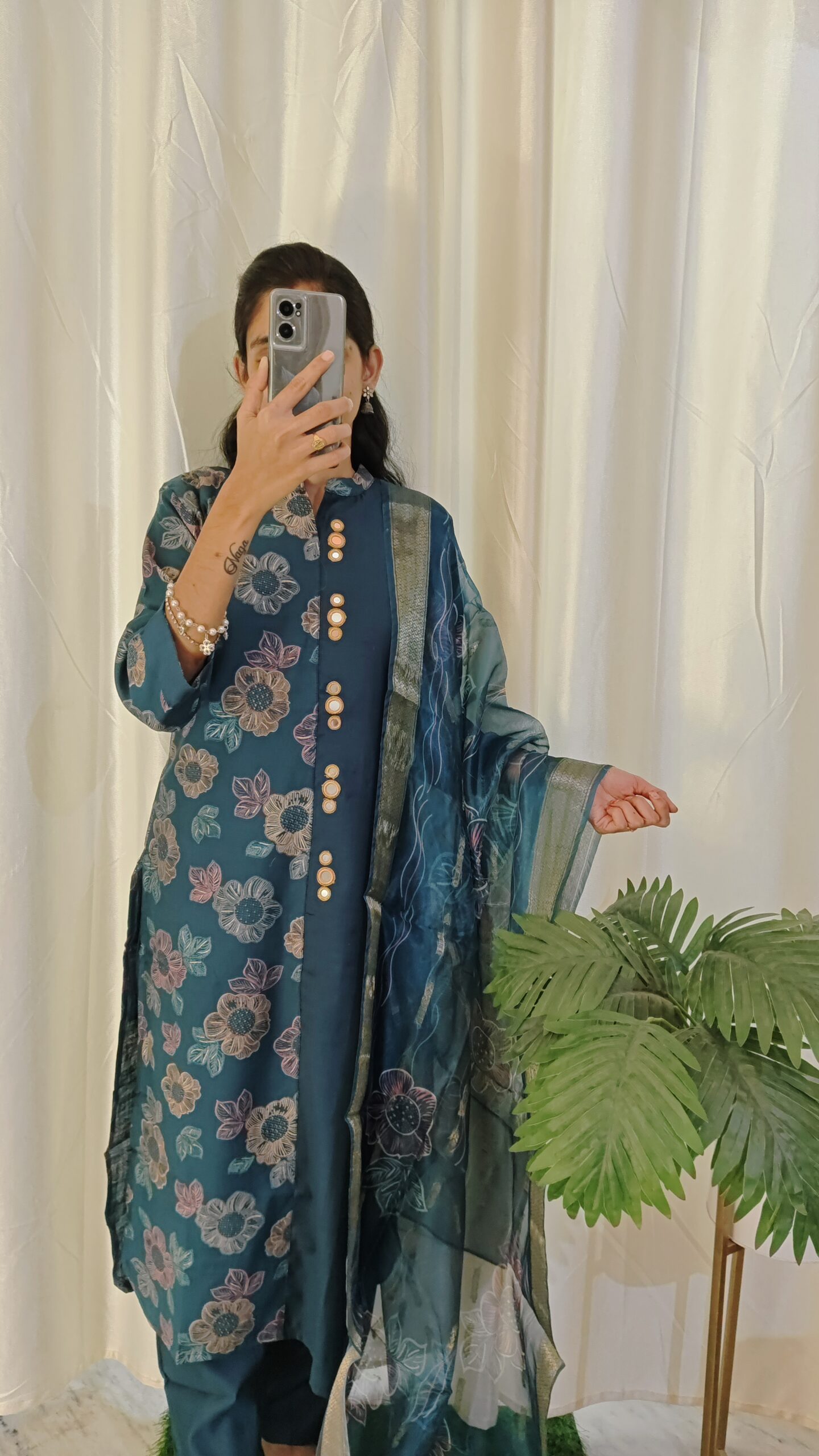 Teal Blue Floral Printed Kurtha Set