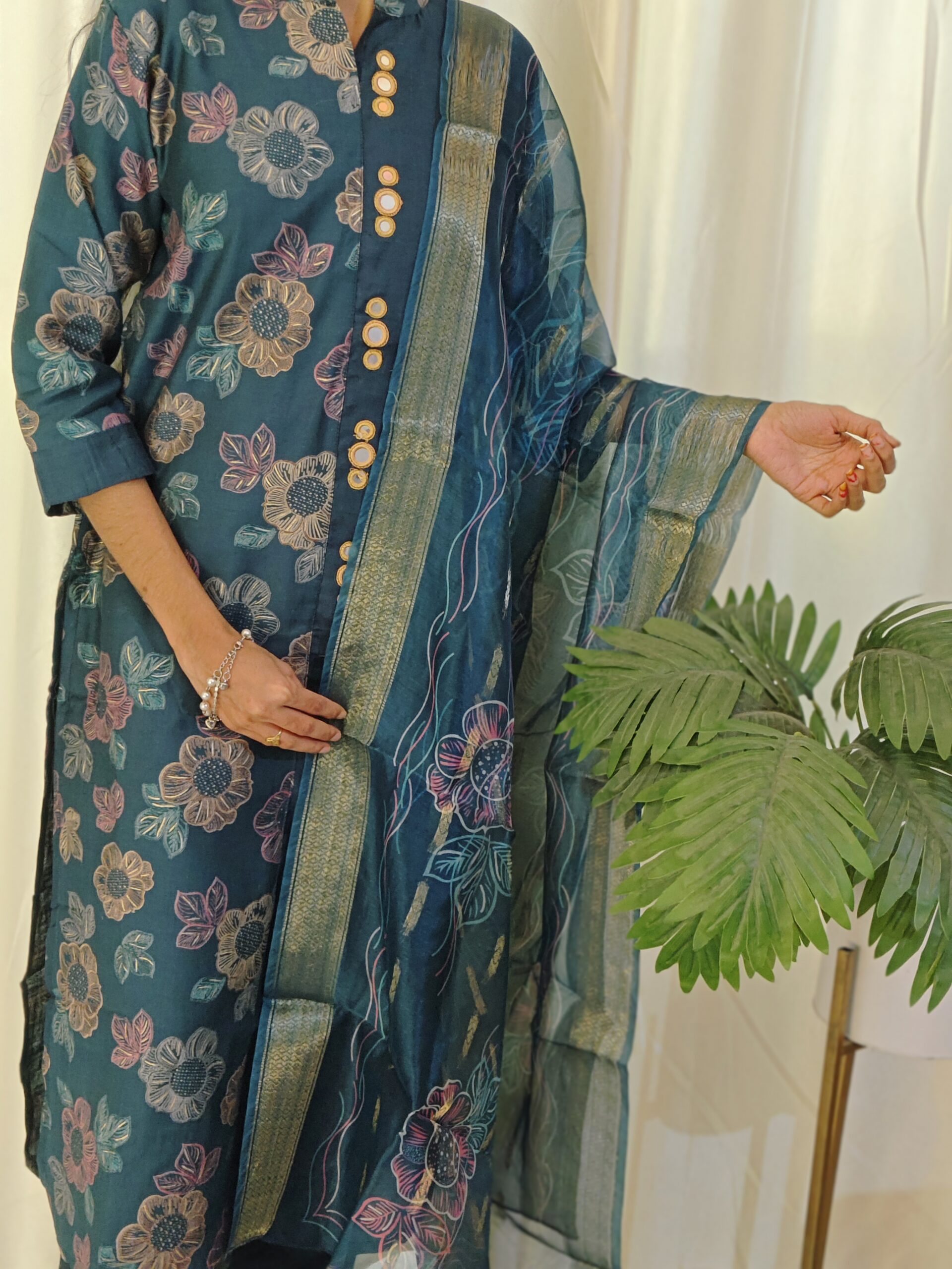 Teal Blue Floral Printed Kurtha Set