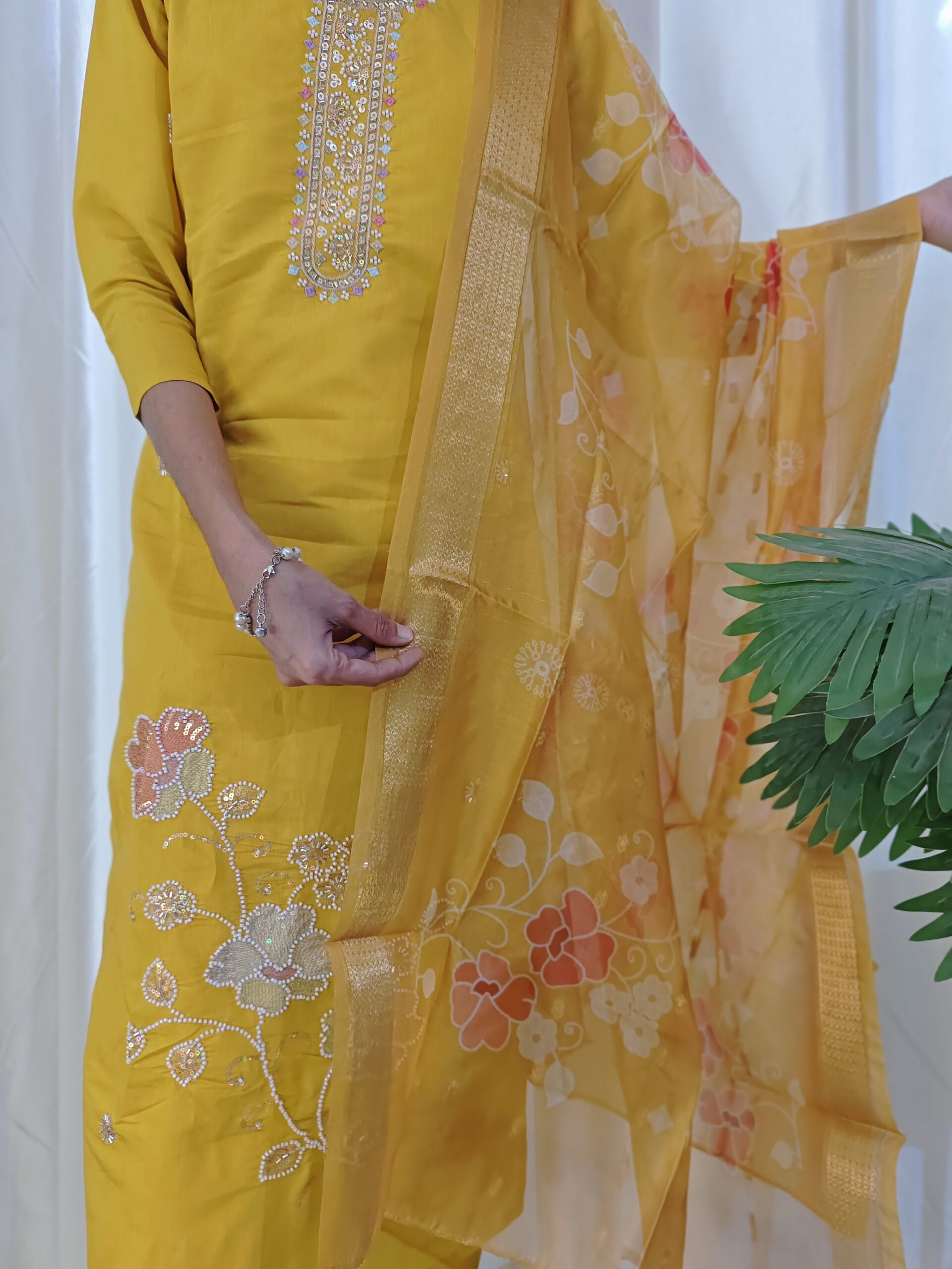 Yellow Dress with Beats work Embroidery - 3Pc Set