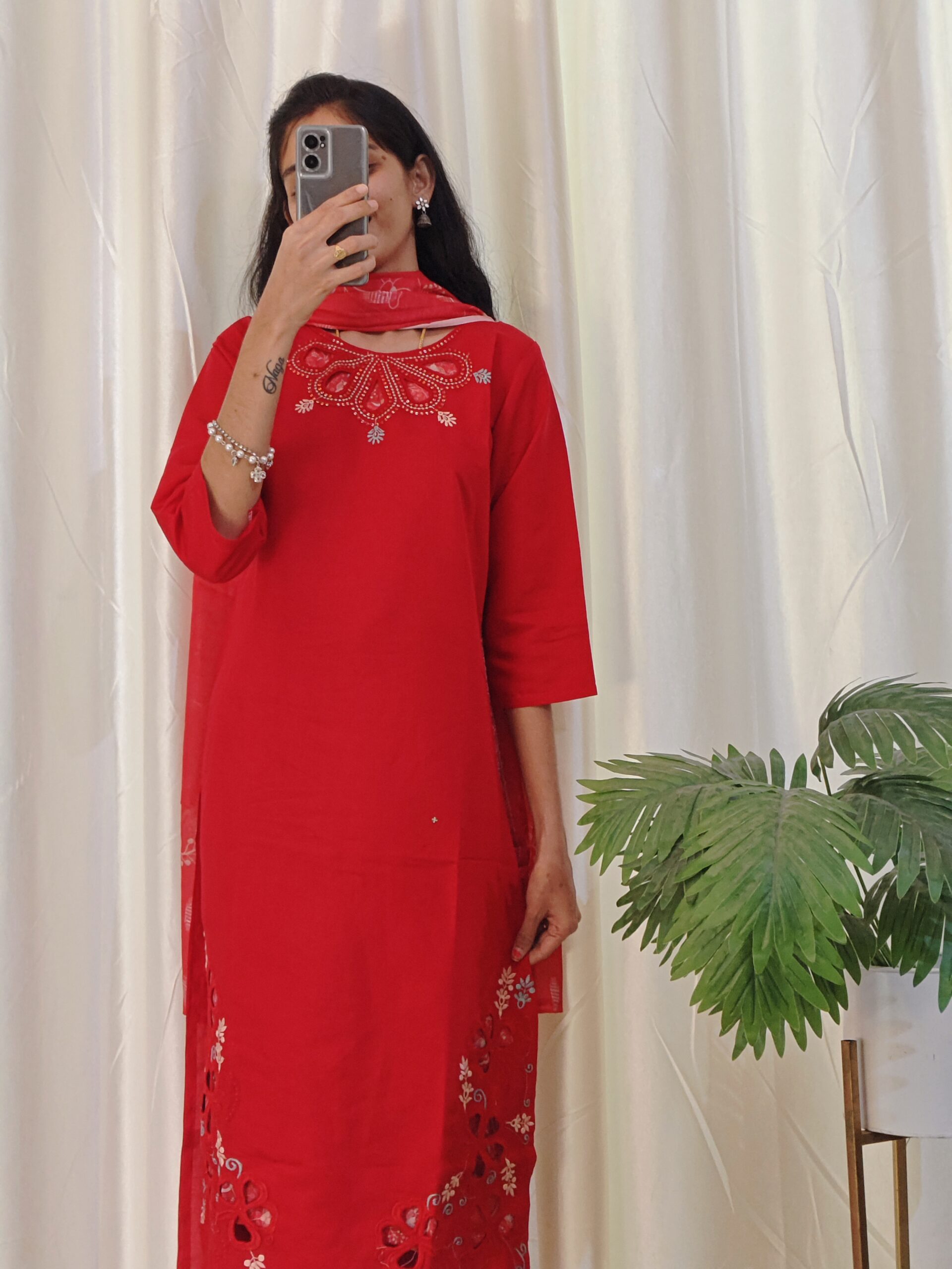 Red Colour Cotton Kurtha Set