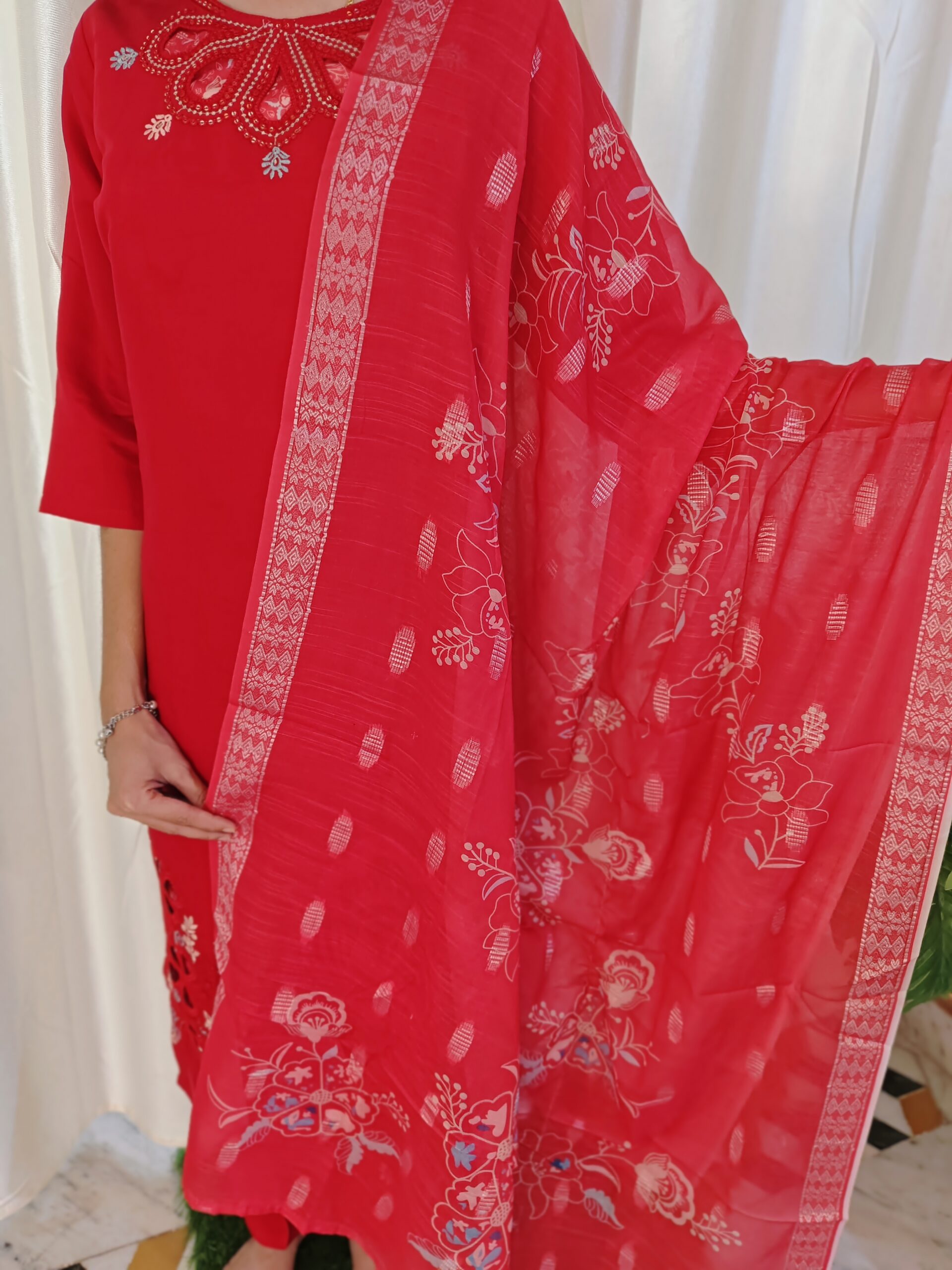 Red Colour Cotton Kurtha Set