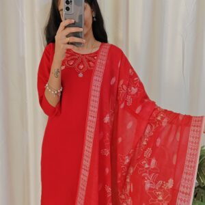Red Colour Cotton Kurtha Set