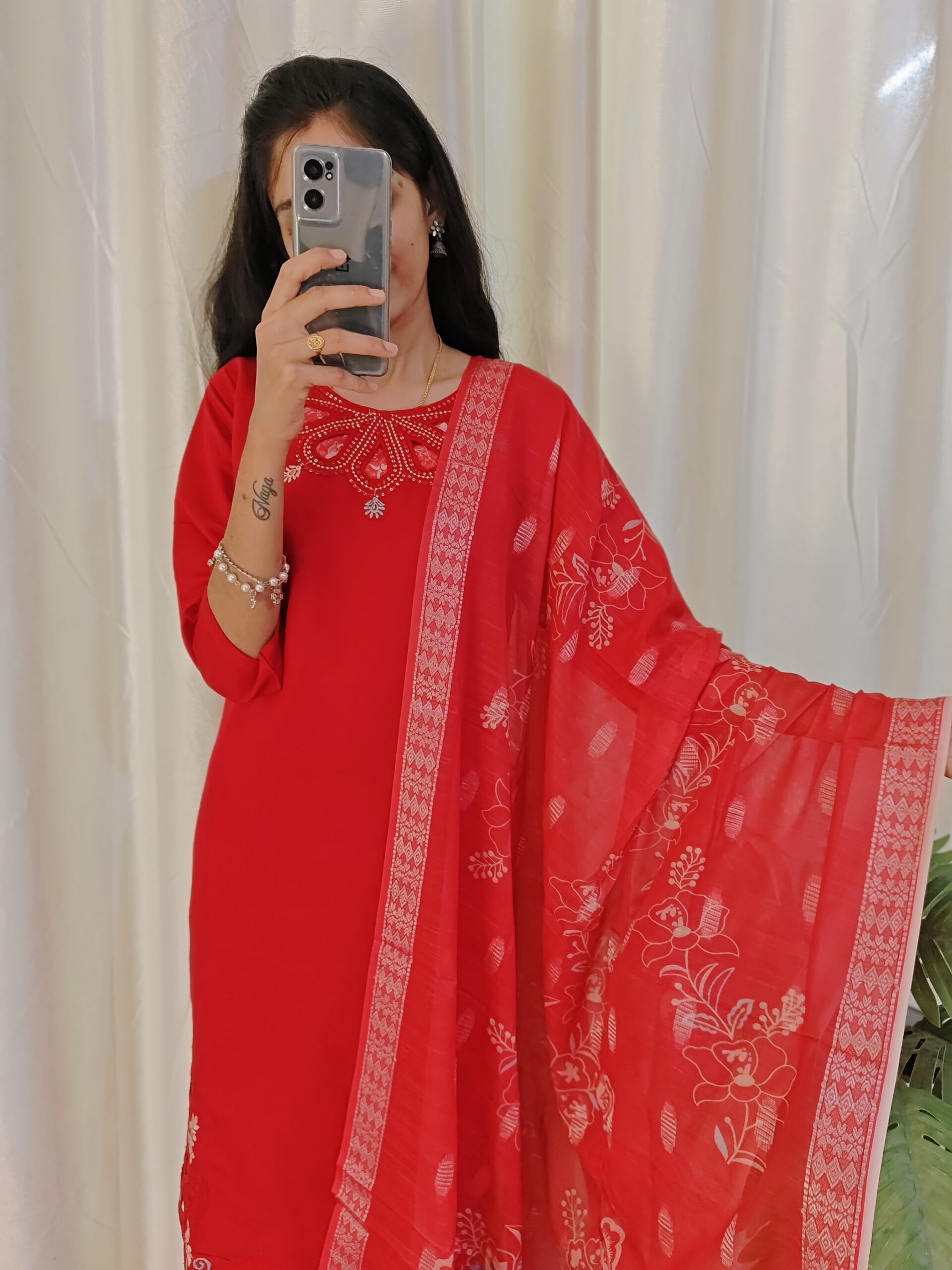 Red Colour Cotton Kurtha Set