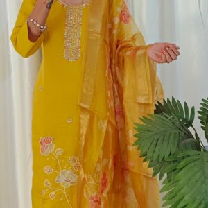 Yellow Dress with Beats work Embroidery - 3Pc Set