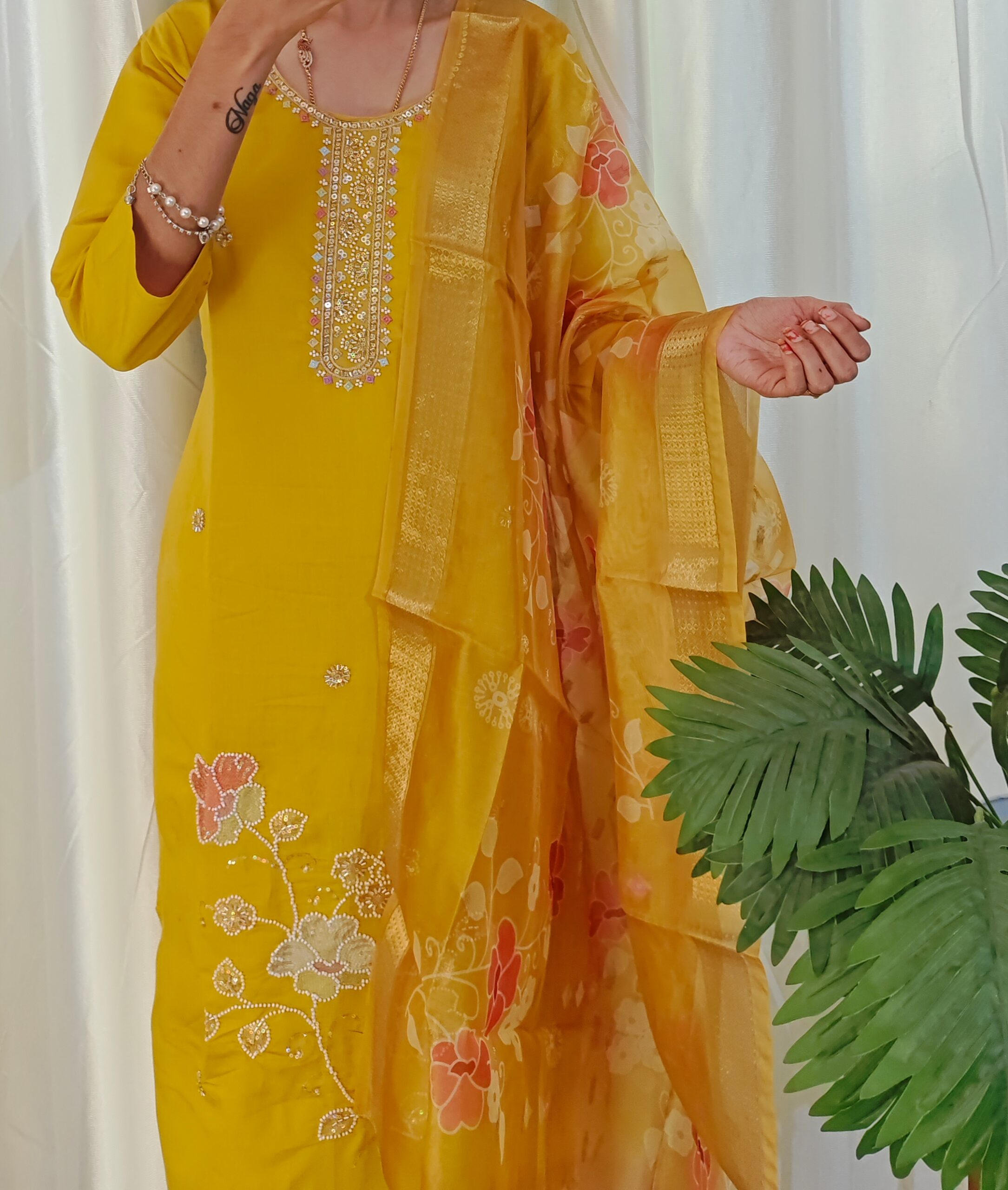 Yellow Dress with Beats work Embroidery - 3Pc Set