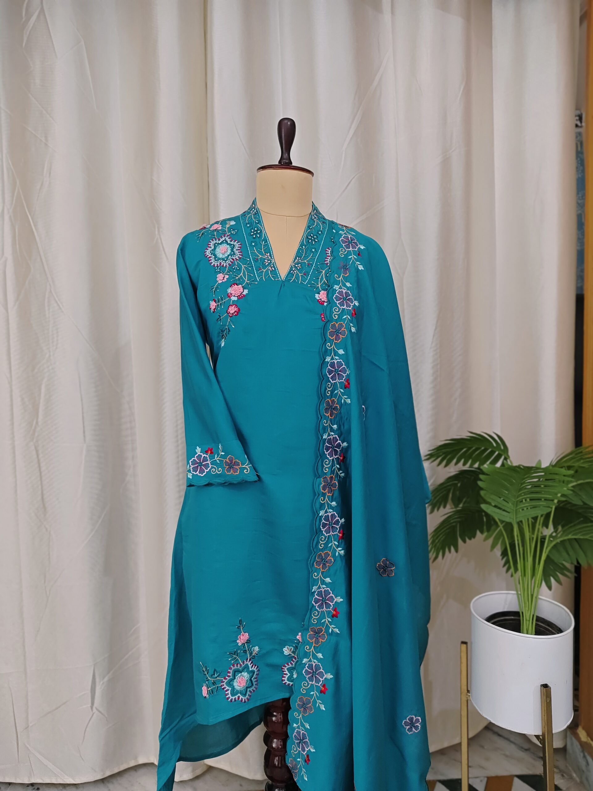 Greenish Blue Thread Embroidery with Beats - 3Pc Kurtha Set