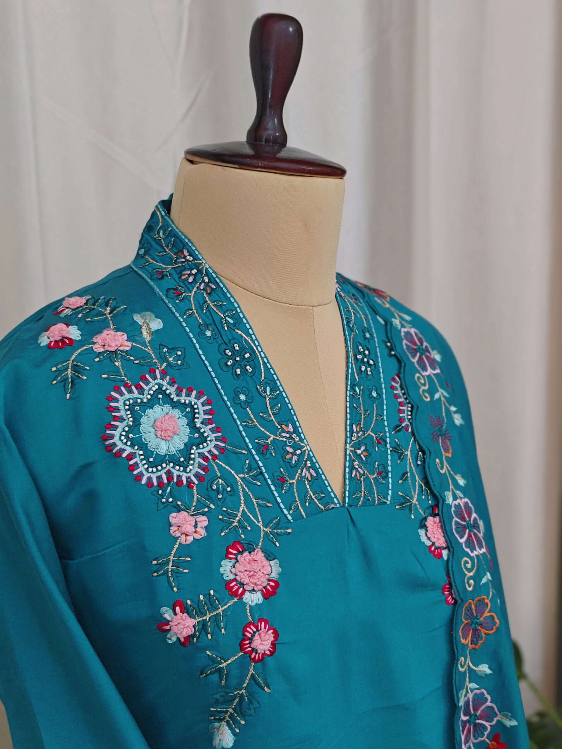 Greenish Blue Thread Embroidery with Beats - 3Pc Kurtha Set