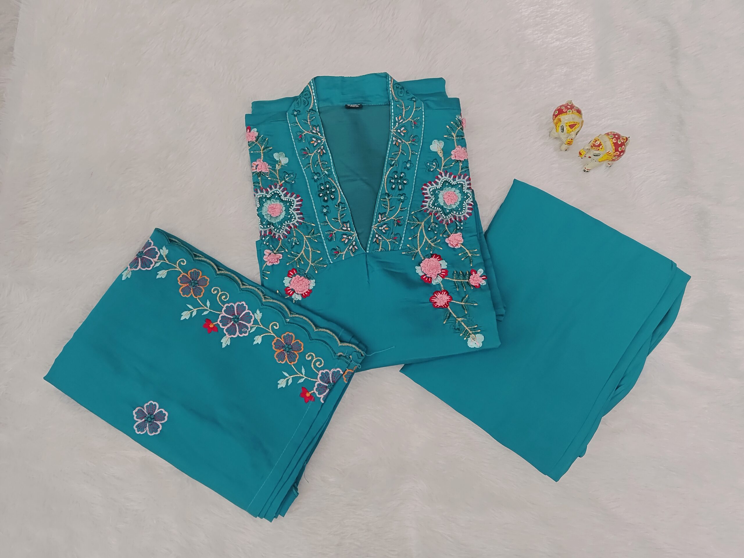 Greenish Blue Thread Embroidery with Beats - 3Pc Kurtha Set