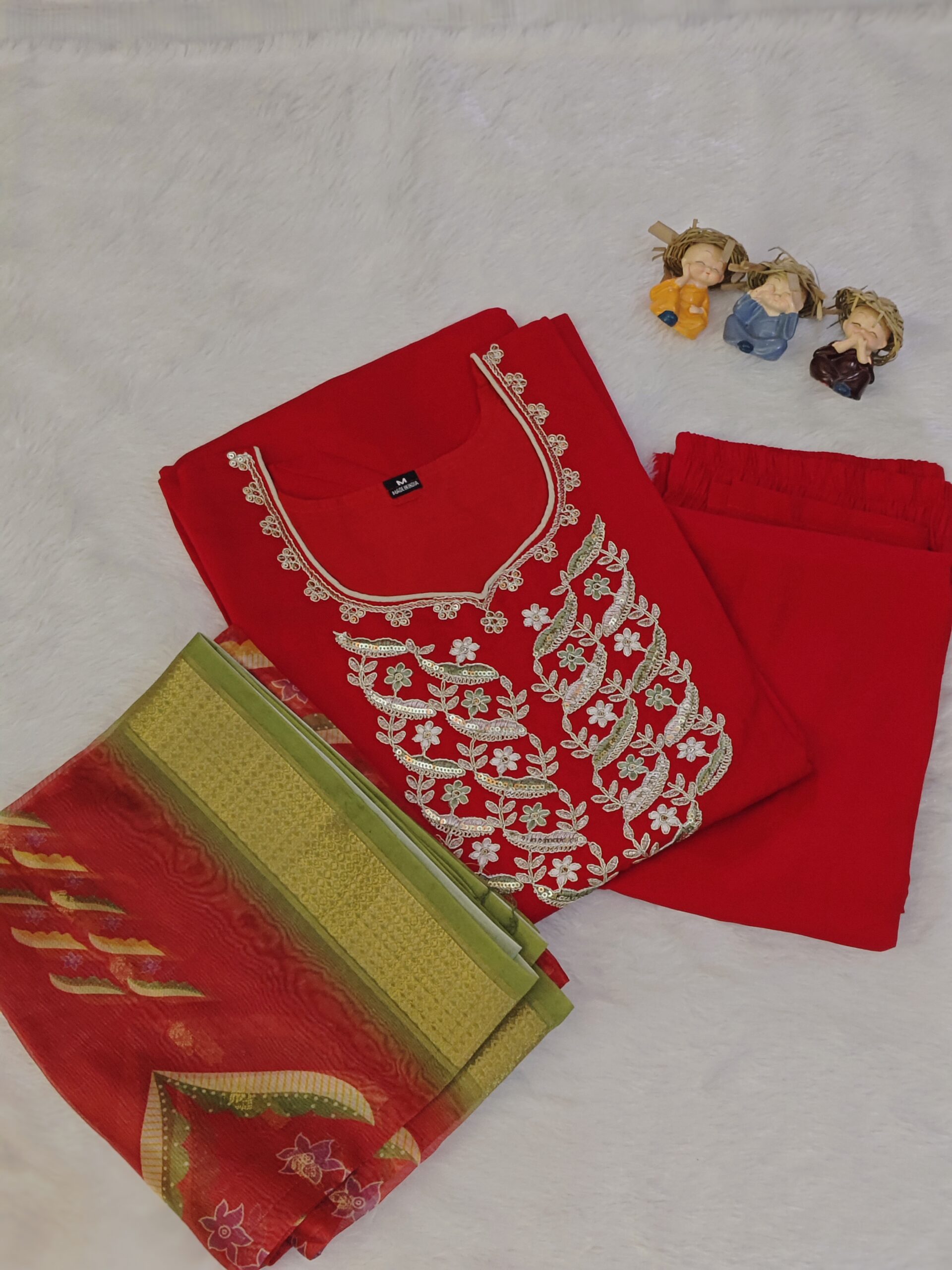 Red Roman Silk 3Pc Kurtha Set