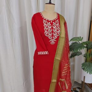 Red Roman Silk 3Pc Kurtha Set