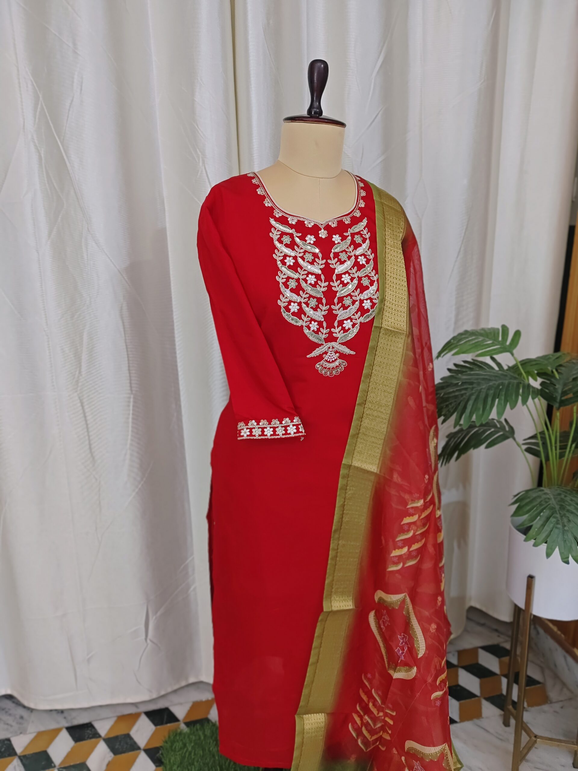 Red Roman Silk 3Pc Kurtha Set