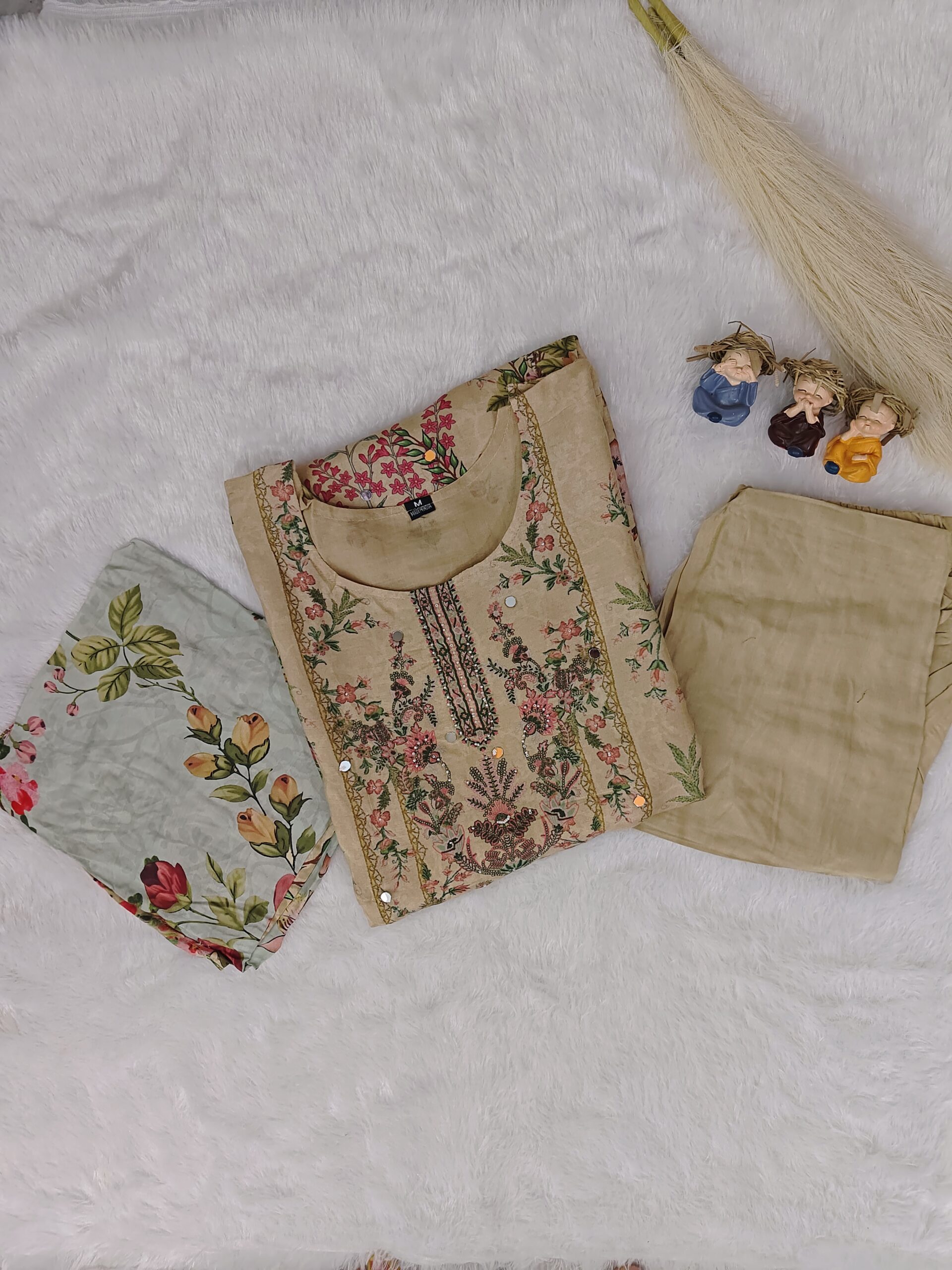 Floral Peanut Cream Cotton 3Pc Kurtha Set