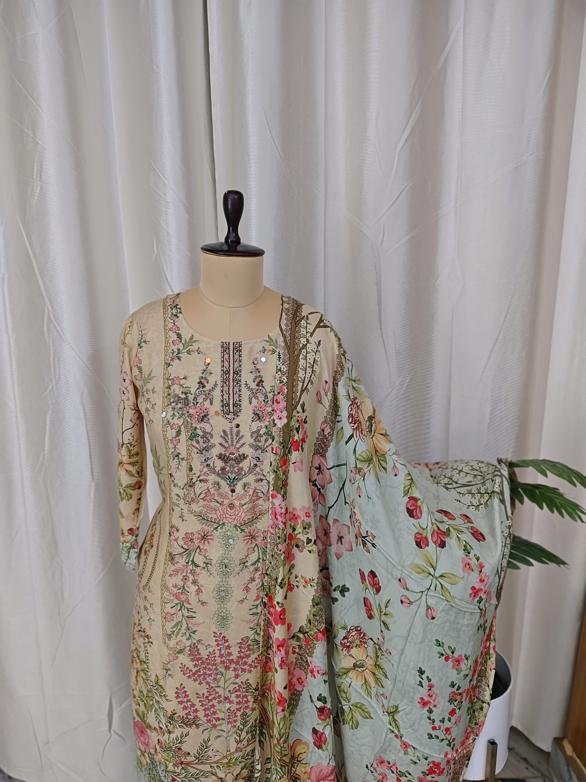 Floral Peanut Cream Cotton 3Pc Kurtha Set