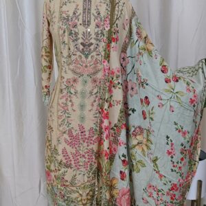 Floral Peanut Cream Cotton 3Pc Kurtha Set
