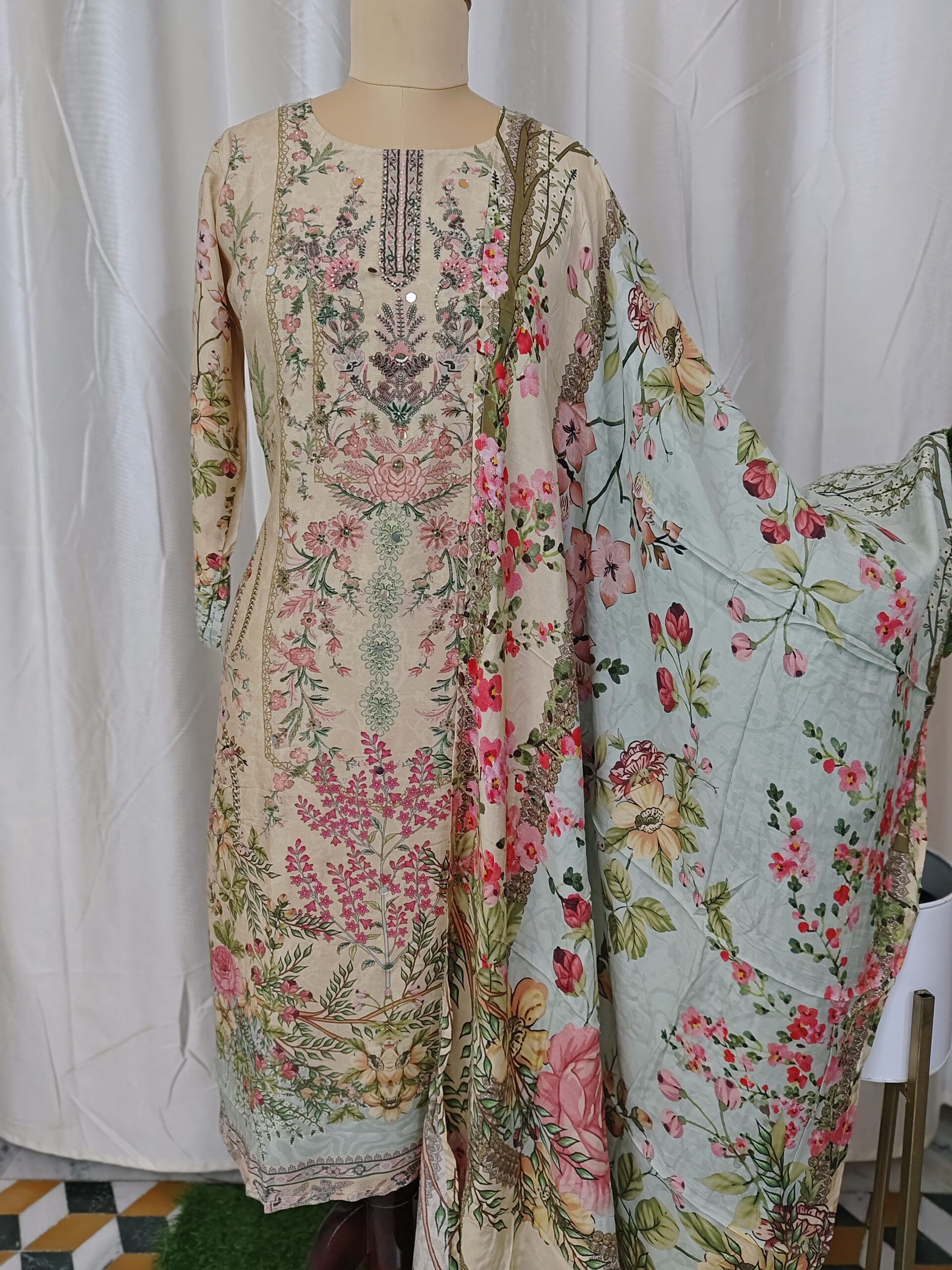 Floral Peanut Cream Cotton 3Pc Kurtha Set