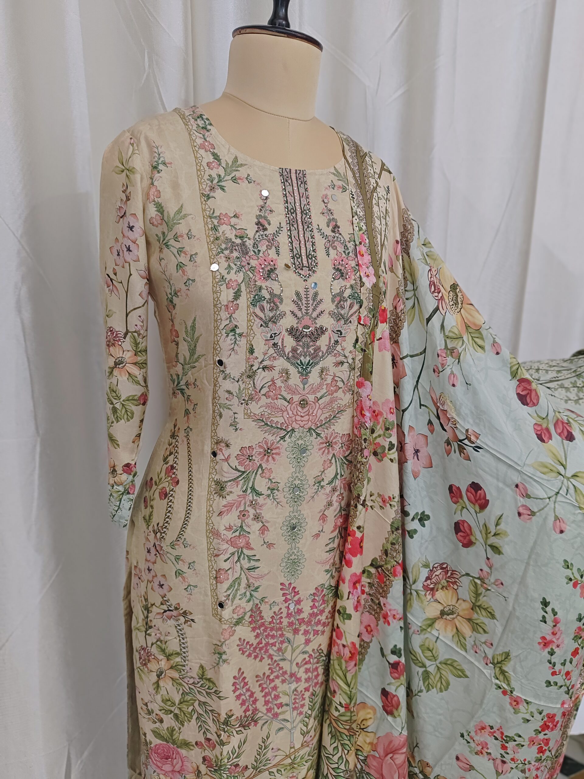 Floral Peanut Cream Cotton 3Pc Kurtha Set