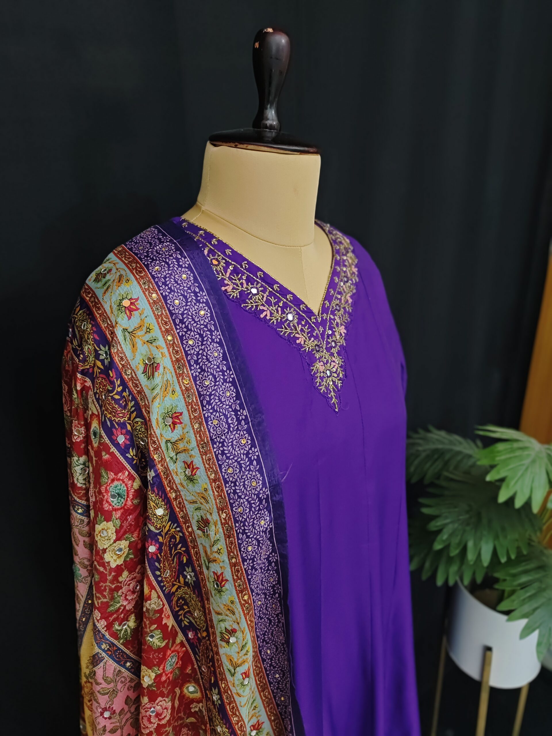 Violet V-Neck Dress with Dupatta
