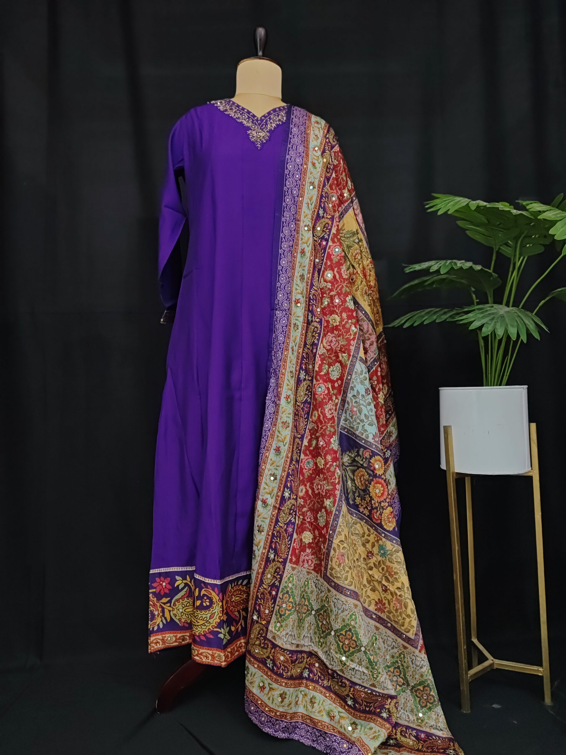 Violet V-Neck Dress with Dupatta