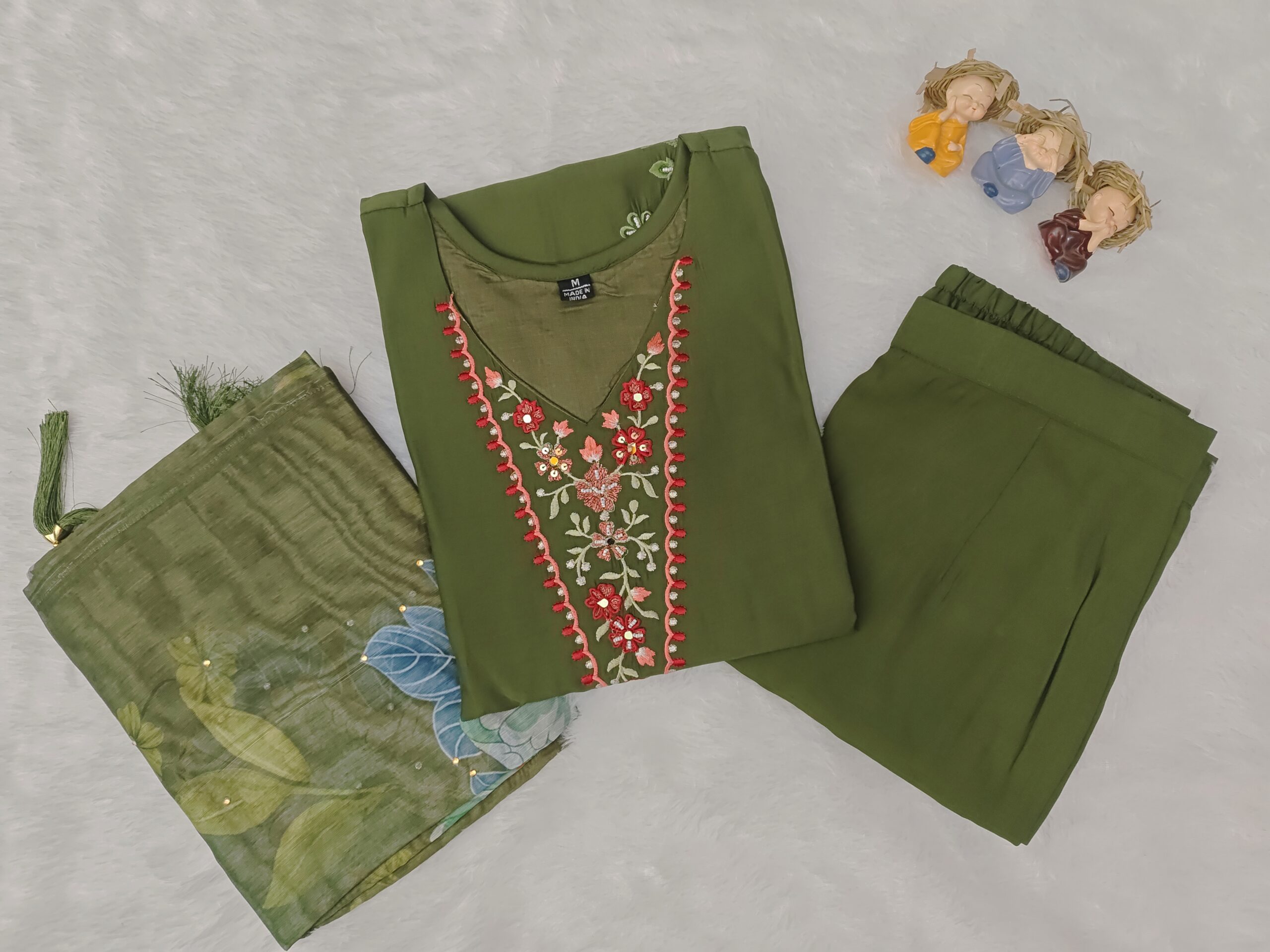 Olive green embroidered straight 3Pc Set