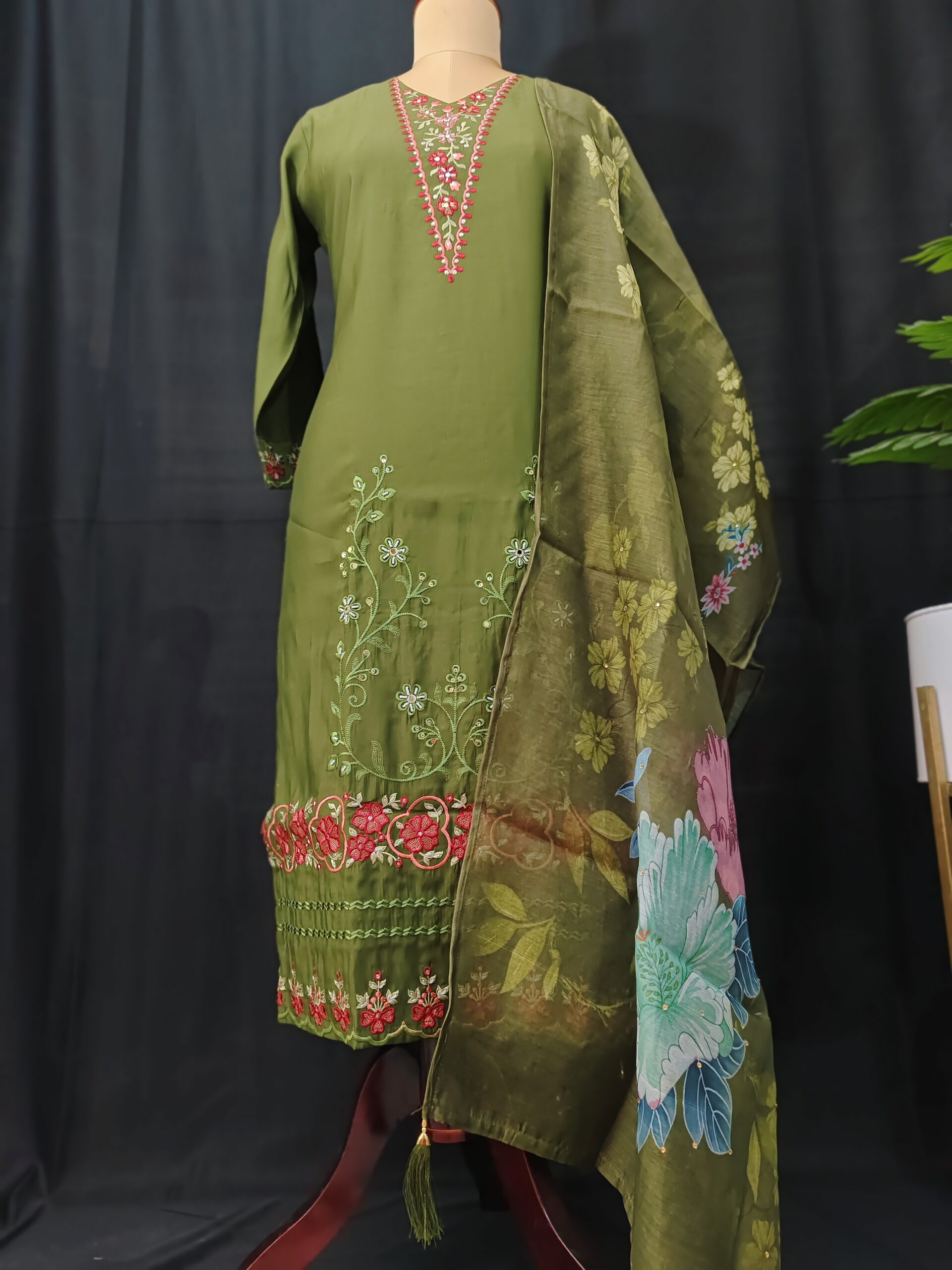 Olive green embroidered straight 3Pc Set