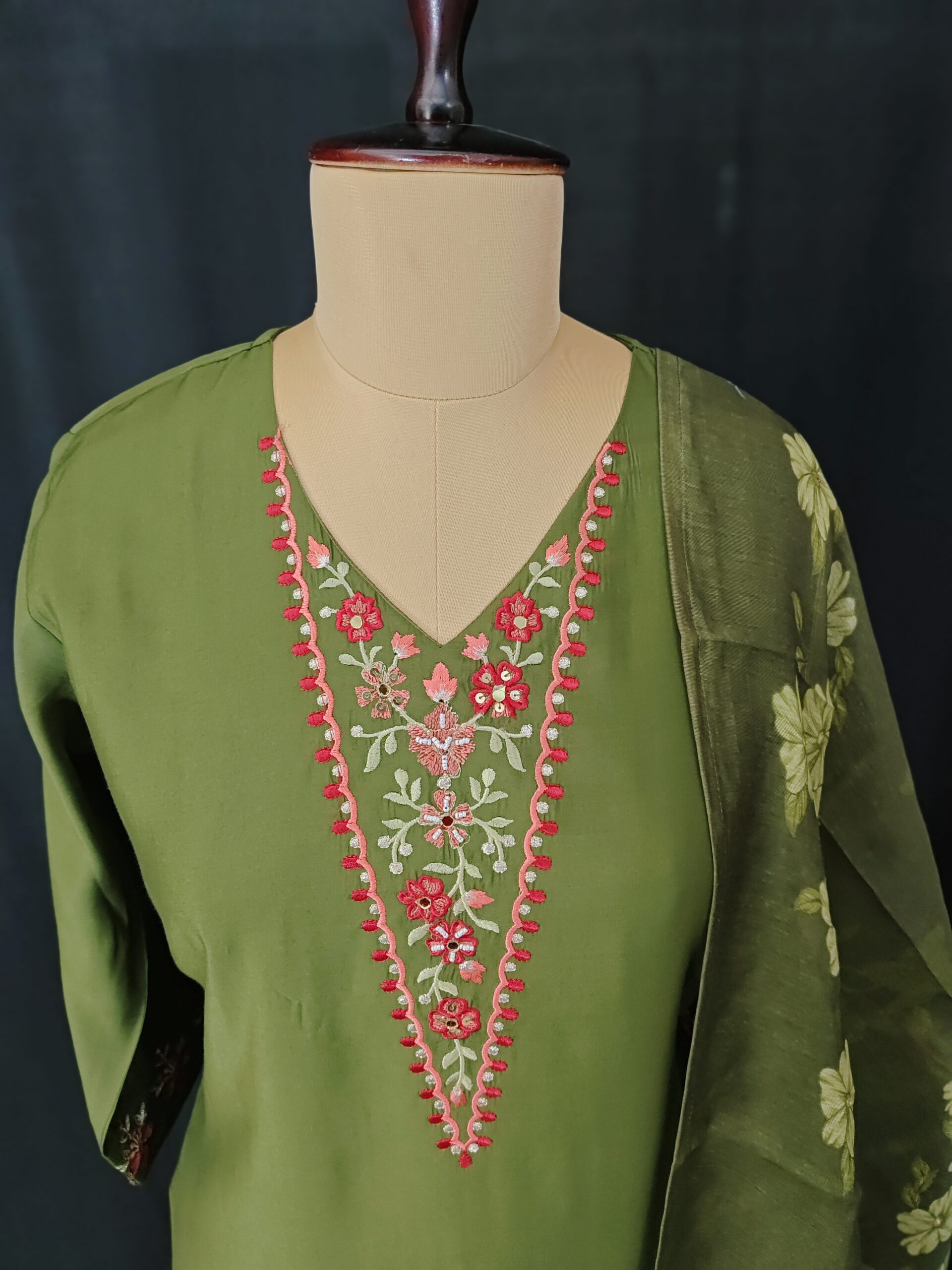 Olive green embroidered straight 3Pc Set