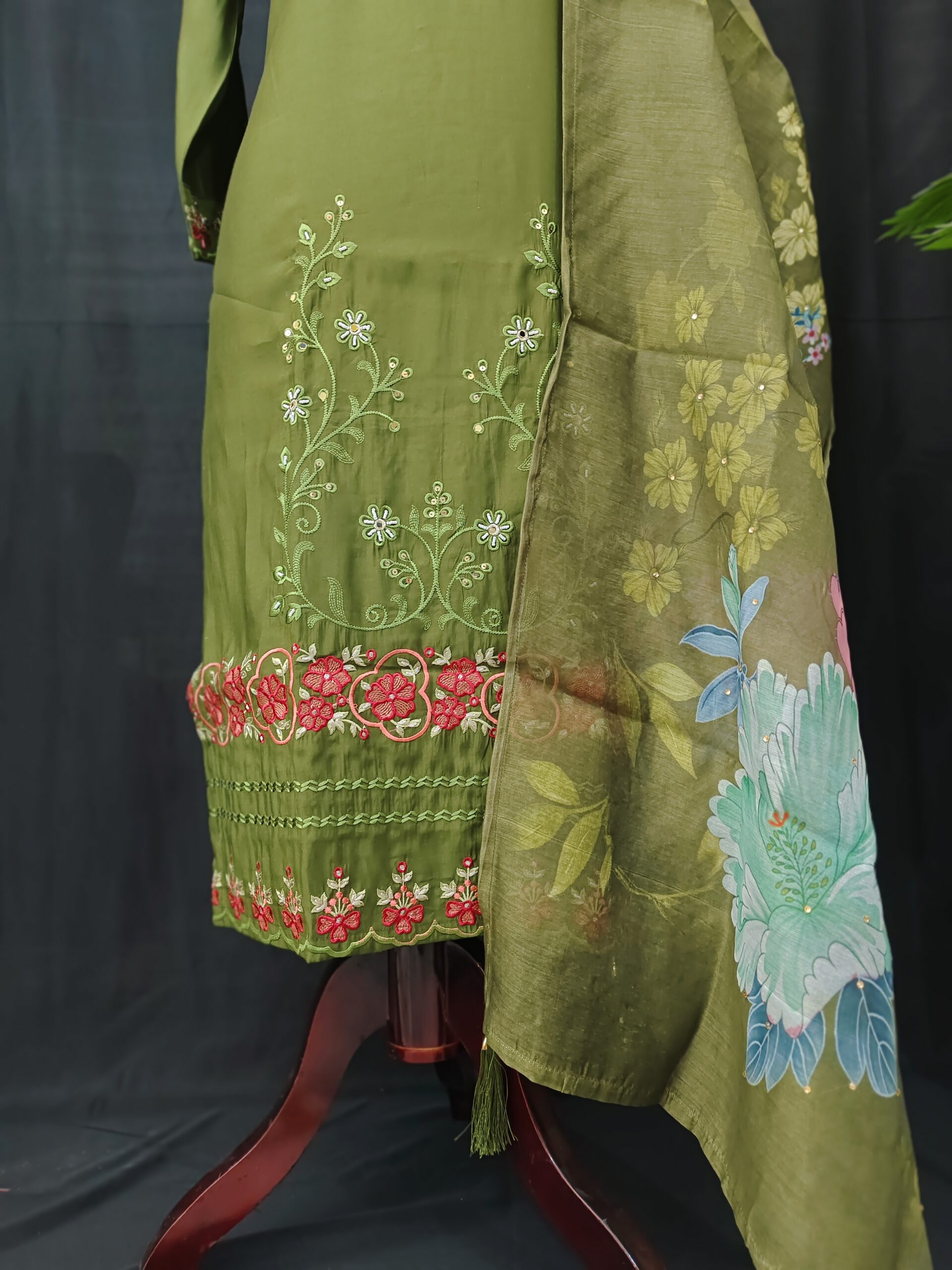 Olive green embroidered straight 3Pc Set